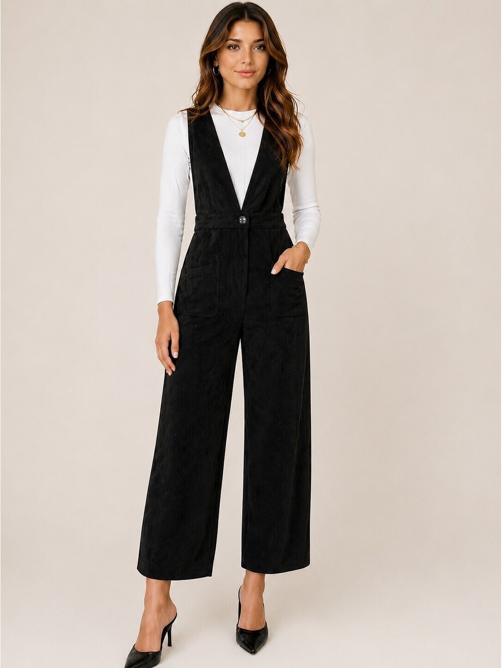 Vintage Y2K 90s Black Wide Leg Faux Suede Jumpsuit Romper Deep V Straps S Indie